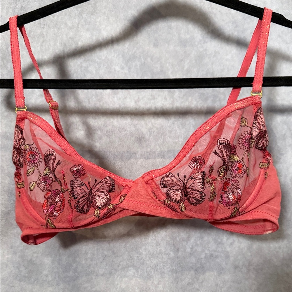 Sheer Coral Embroidered Butterfly Bra with Underwire Support